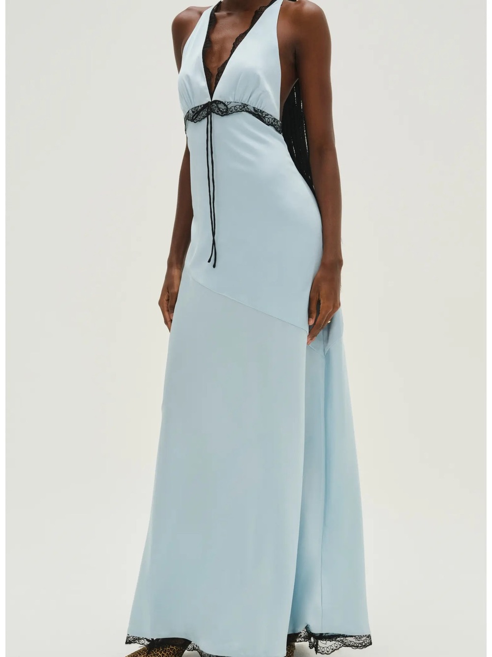 For Love And Lemons Light Blue Halter Maxi Dress with Black Lace Trim - Picture 3 of 4